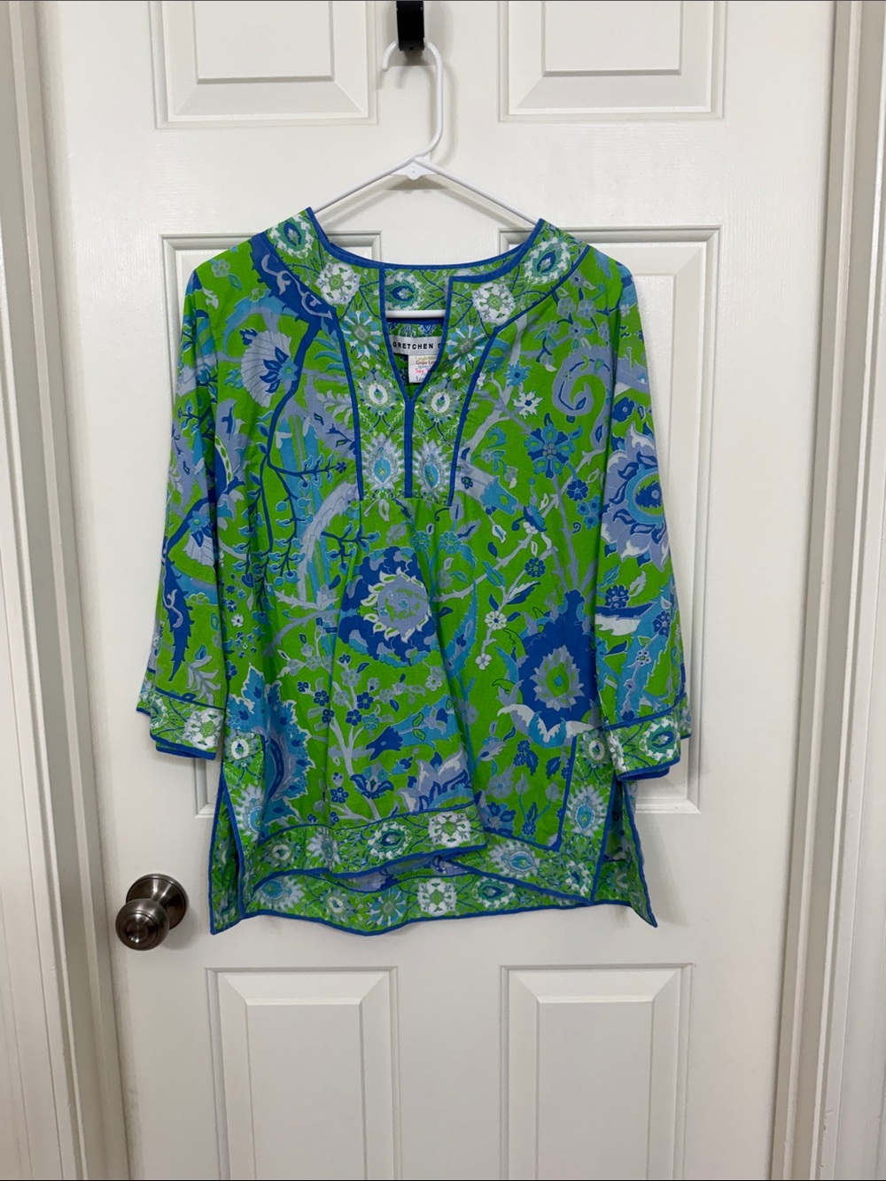 Gretchen Scott Magic Carpet Split Neck Tunic Cotton Paisley in Green / Blue L